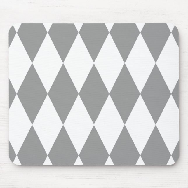 Graues weißes Harlequin Diamonds-Muster Mousepad (Vorne)
