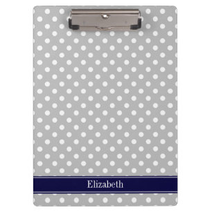 Graues weißes Polka Dots Navy Blue Name Monogram Klemmbrett