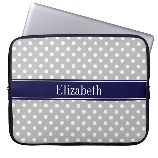 Graues weißes Polka Dots Navy Blue Name Monogram Laptopschutzhülle (Vorderseite)