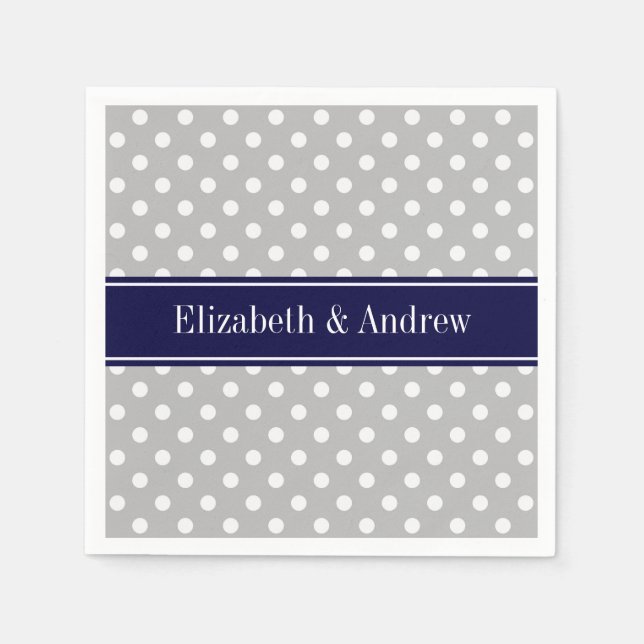 Graues weißes Polka Dots Navy Blue Name Monogram Serviette (Vorderseite)
