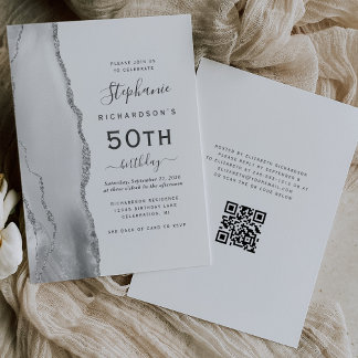 Graues weißes Silber Agate QR Code 50. Geburtstag Einladung