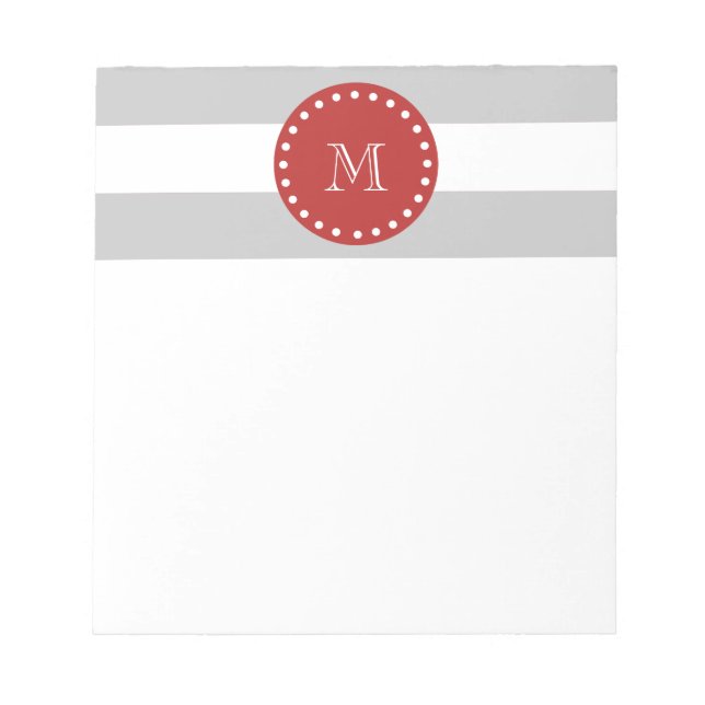 Graues weißes Streifen-Muster, rotes Monogramm Notizblock (Vorderseite)