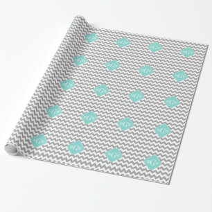 Graues, Zickzack Aqua-Quatrefolie 3 Monogramm Geschenkpapier