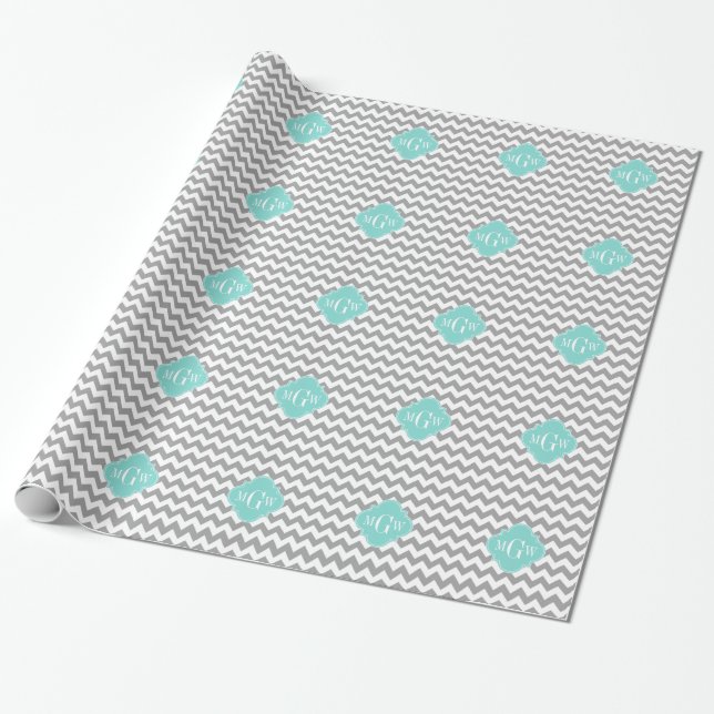 Graues, Zickzack Aqua-Quatrefolie 3 Monogramm Geschenkpapier (Ungerollt)