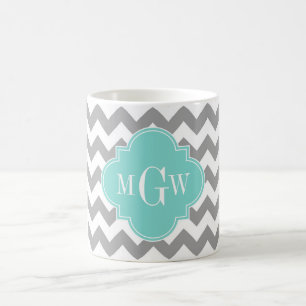 Graues, Zickzack Aqua-Quatrefolie 3 Monogramm Tasse