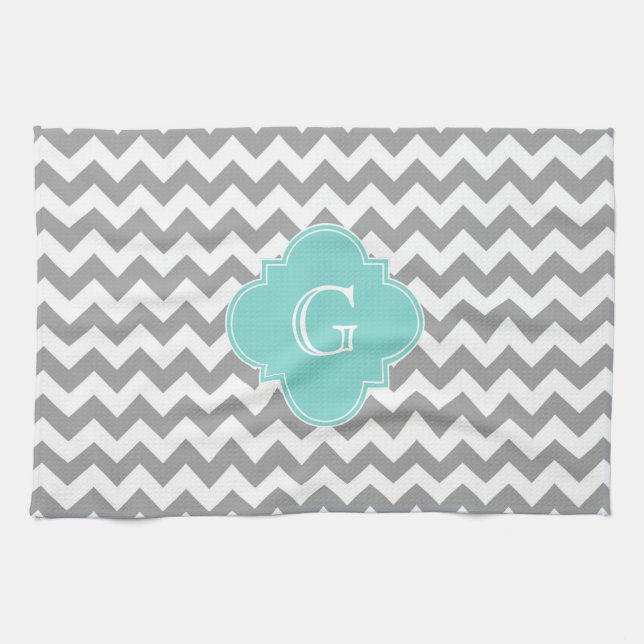 Graues, Zickzack Aqua-Quatrefolienmonogramm Geschirrtuch (Horizontal)