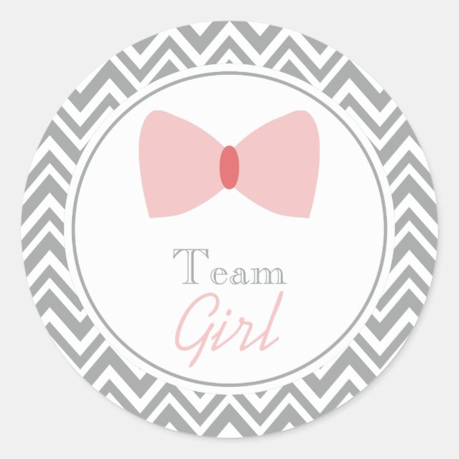 Graues Zickzack Gender Reveal Bow Team Girl Runder Aufkleber (Vorderseite)