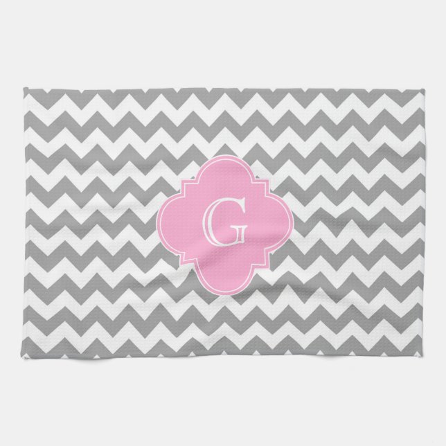 Graues, Zickzack rosa Quatrefolienmonogramm Handtuch (Horizontal)