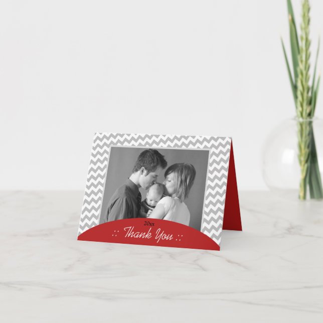 Graues Zickzack und rotes Foto Vielen Dank Karten (Vorderseite)