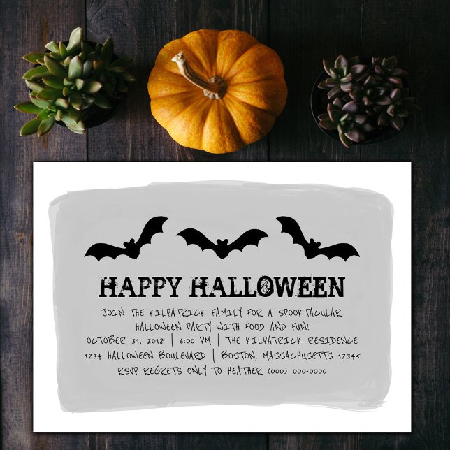 Graufarbenes Halloween-Party Einladung (Gray Watercolor Bats Halloween Party Invite)