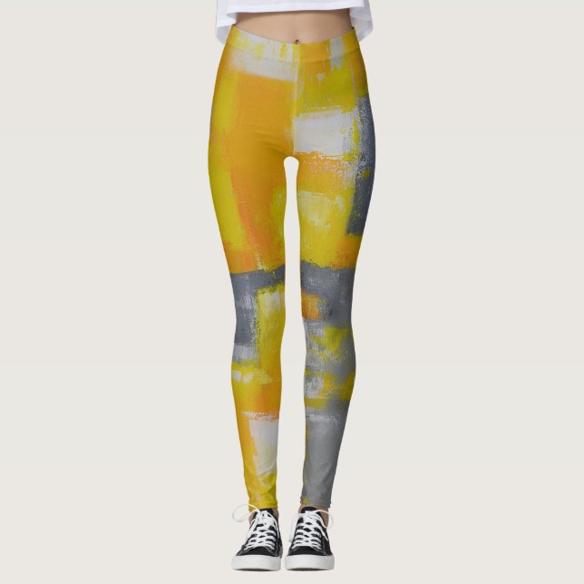Graugelbe abstrakte Kunstmalerei Leggings (Vorderseite)