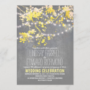 Graugelbe Hochzeitseinladung mit Saitenlichtern Einladung
