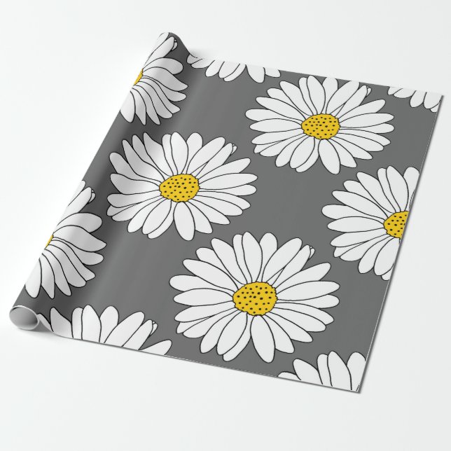 Graugelbes weißes Daisy-Muster Geschenkpapier (Ungerollt)