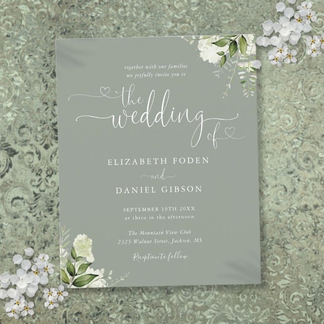 Graugrüne Seite Einladung zur Hochzeit (Budget Sage Greenery Script Wedding Invitation)
