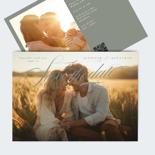 Graugrüner Klassiker QR Code Zwei Foto Save The Date (Von Creator hochgeladen)