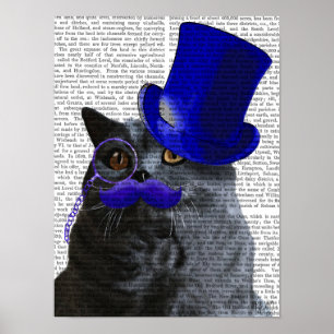 Graukatze mit Blue Top Hat und Blue Mustache Poster
