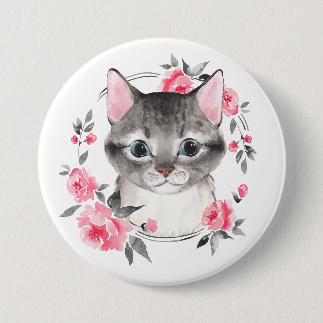 Graukatze mit Blume. Aquarell Button (Vorderseite)
