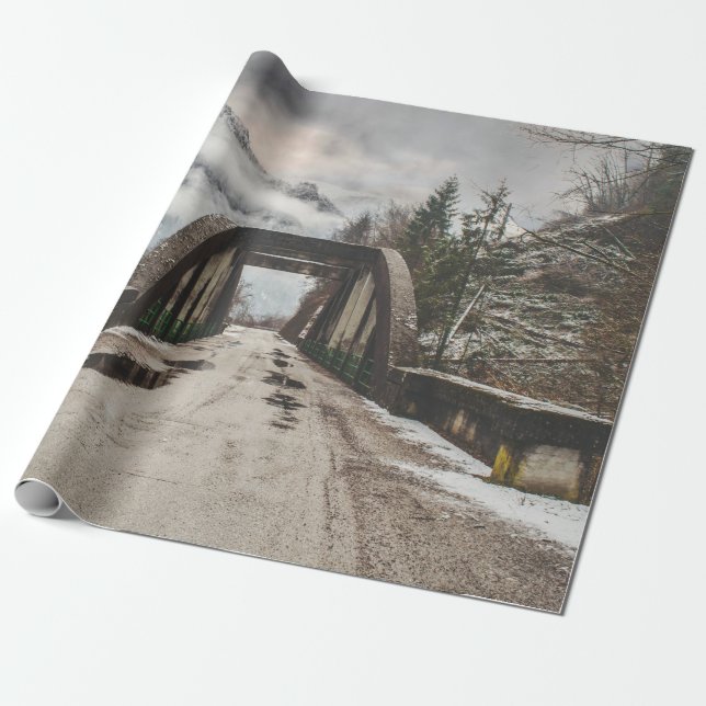 GRAUKONKRETE ARCHENBRÜCKE NEBEN LEAFLESS BAUM GESCHENKPAPIER (Ungerollt)