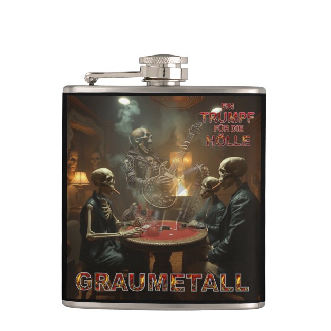 Graumetall Trumpf für die Hölle Coverdesign metal Flachmann (Vorderseite)