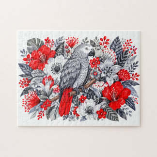 Graupapagei Rote Hibiskus Botanische Illustration Puzzle
