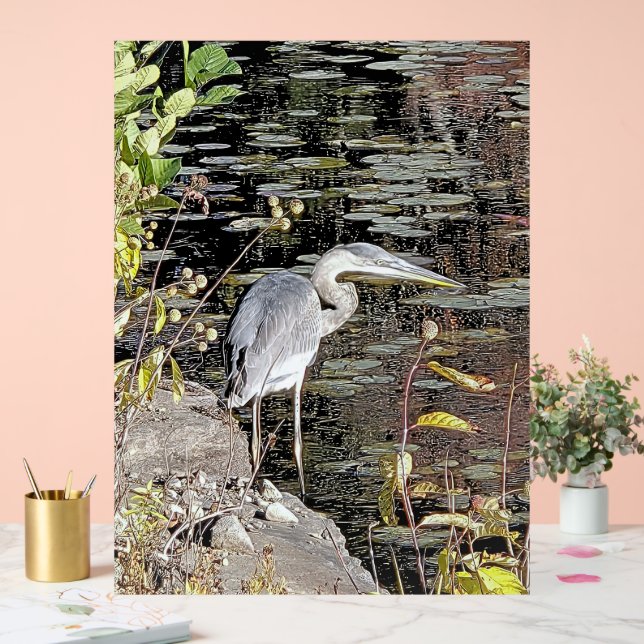 Graureiher am Teich Acrylschild (Hochzeit)