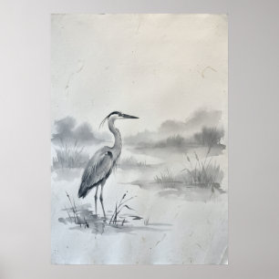 Graureiher-Tusche-Wasserfarbe-Nebel-Marschlandscha Poster