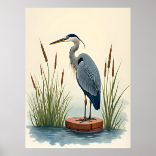 Graureiher-Wasserfarbenposter Feuchtgebiet-Vogel Poster