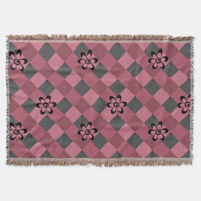 Graurosa geometrisch kariertes Muster mit Blume Decke (Vorderseite)