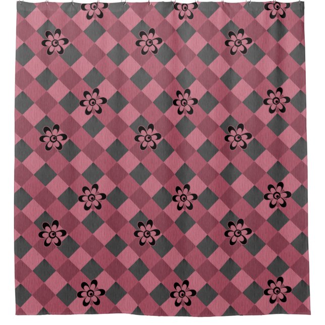 Graurosa geometrisch kariertes Muster mit Blume Duschvorhang (Vorderseite)