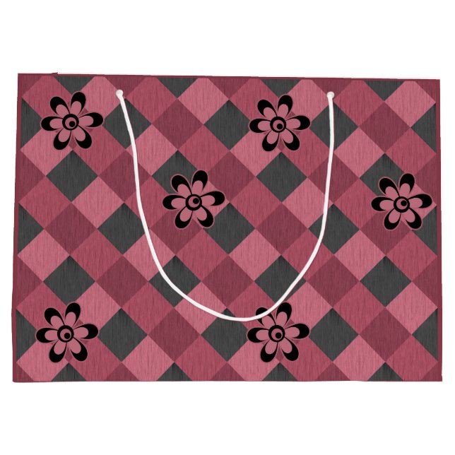 Graurosa geometrisch kariertes Muster mit Blume Große Geschenktüte (Rückseite)