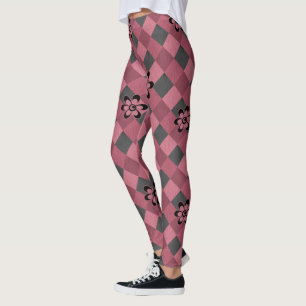 Graurosa geometrisch kariertes Muster mit Blume Leggings