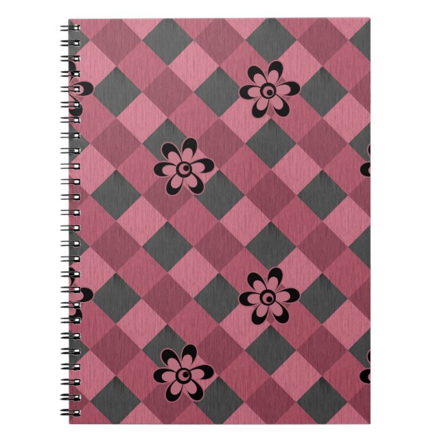 Graurosa geometrisch kariertes Muster mit Blume Notizblock (Vorderseite)