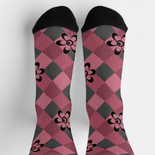 Graurosa geometrisch kariertes Muster mit Blume Socken