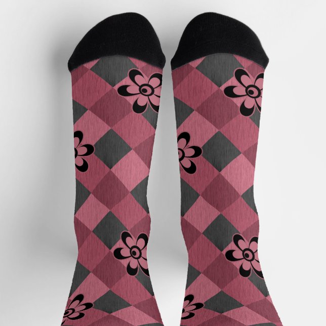 Graurosa geometrisch kariertes Muster mit Blume Socken (Oben)