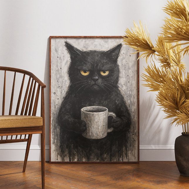 Grauschige schwarze Katze mit Coffee Wall Art Post Poster (Von Creator hochgeladen)