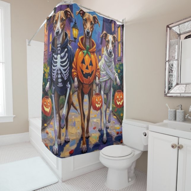 Grauschmuck-oder-Treating in Halloween-Kostümen Duschvorhang (Beispiel)