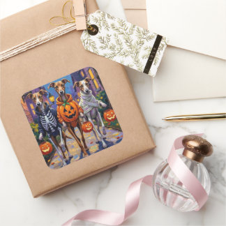 Grauschmuck-oder-Treating in Halloween-Kostümen Quadratischer Aufkleber