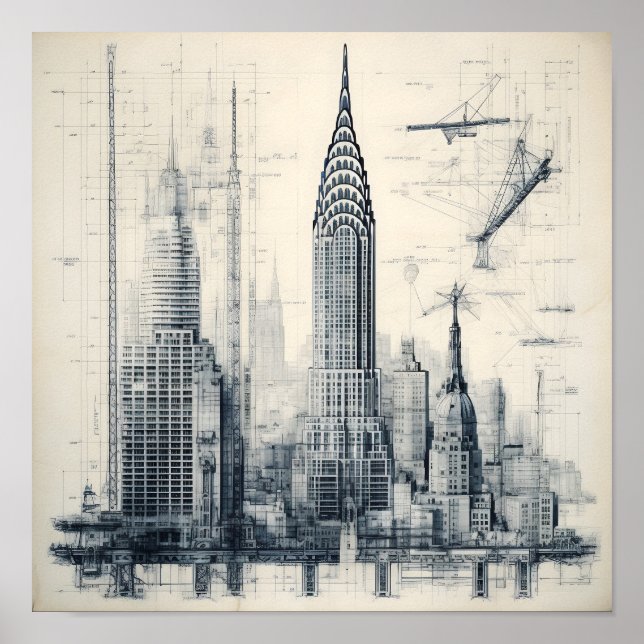 Graustufen-Gebäude-Blueprint Poster (Vorne)