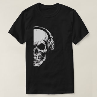Graustufen-Schädel mit Kopfhörern Schwarzes T-Shir T-Shirt