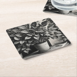 Graustufen-Topf-Pflanze mit riesigen Blätter Rechteckiger Pappuntersetzer