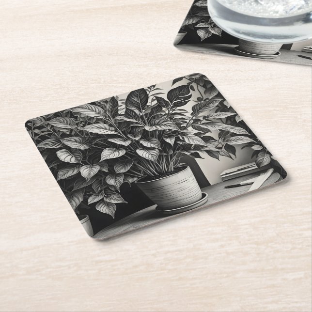 Graustufen-Topf-Pflanze mit riesigen Blätter Rechteckiger Pappuntersetzer (angewinkelt)