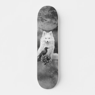 Graustufen White Fox Fantasy Raben Mond Skate Deck Skateboard
