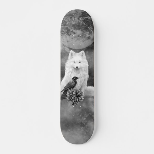 Graustufen White Fox Fantasy Raben Mond Skate Deck Skateboard (Vorne)