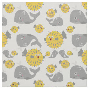 Grauwal und Blowfish Cartoon Kindermuster Stoff