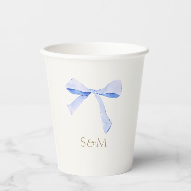 Grauweiß | Trendy Blue Ribbon Wedding Paper Cup Pappbecher (Vorderseite)