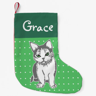 Grauweiße Katze Custom Grüner Weihnachtsfest Strum Kleiner Weihnachtsstrumpf