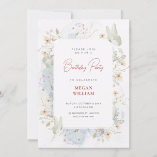 Grauweiße Wildblumen Aquarell Geburtstag Einladung