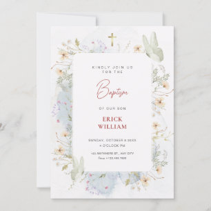 Grauweiße Wildblumen Aquarelltaufe Einladung