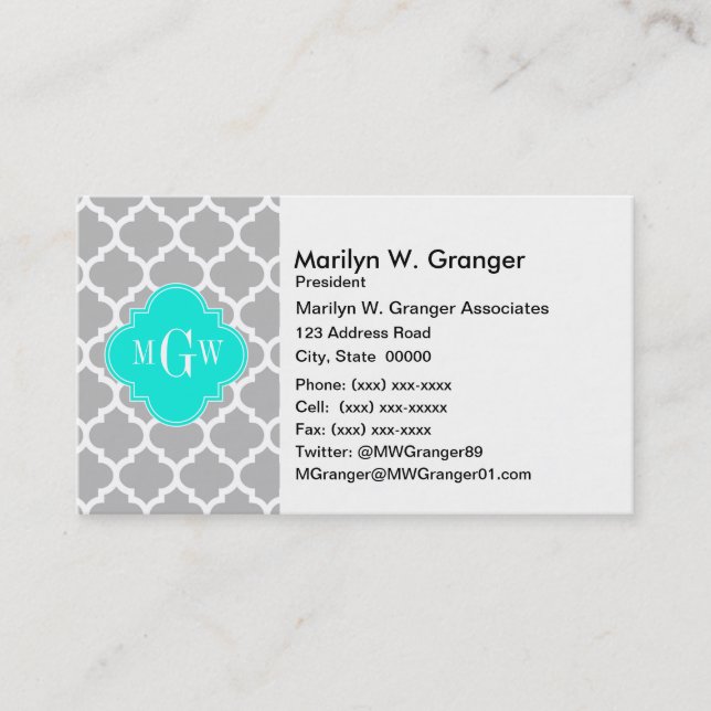 Grauweißer Marokkaner #5 Brt Aqua 3 Initialmonogra Visitenkarte (Vorderseite)