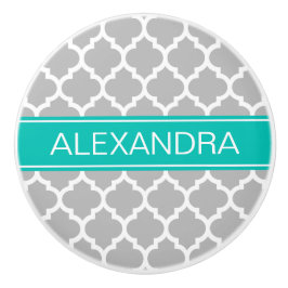 Grauweißes marokkanisches Monogramm #5 Aquamariner Keramikknauf